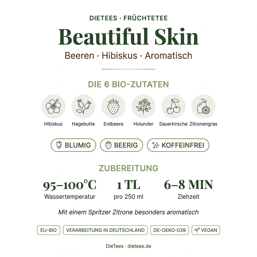 Bio Früchtetee Beautiful Skin – Bio-Beeren-Hibiskus-Mischung von DieTees, aromatisch und koffeinfrei