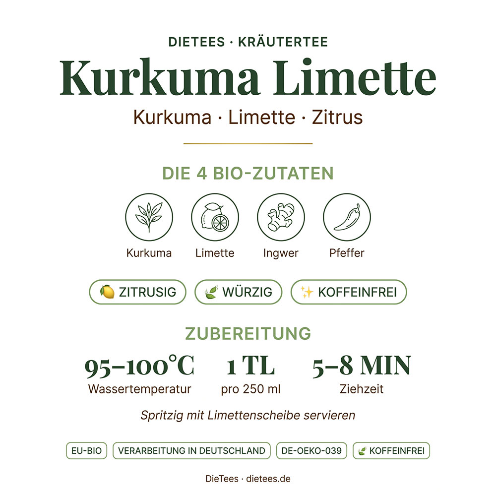 Bio Kurkuma Limette – Bio-Kräutertee mit Kurkuma und Limette von DieTees, würzig und zitrusig